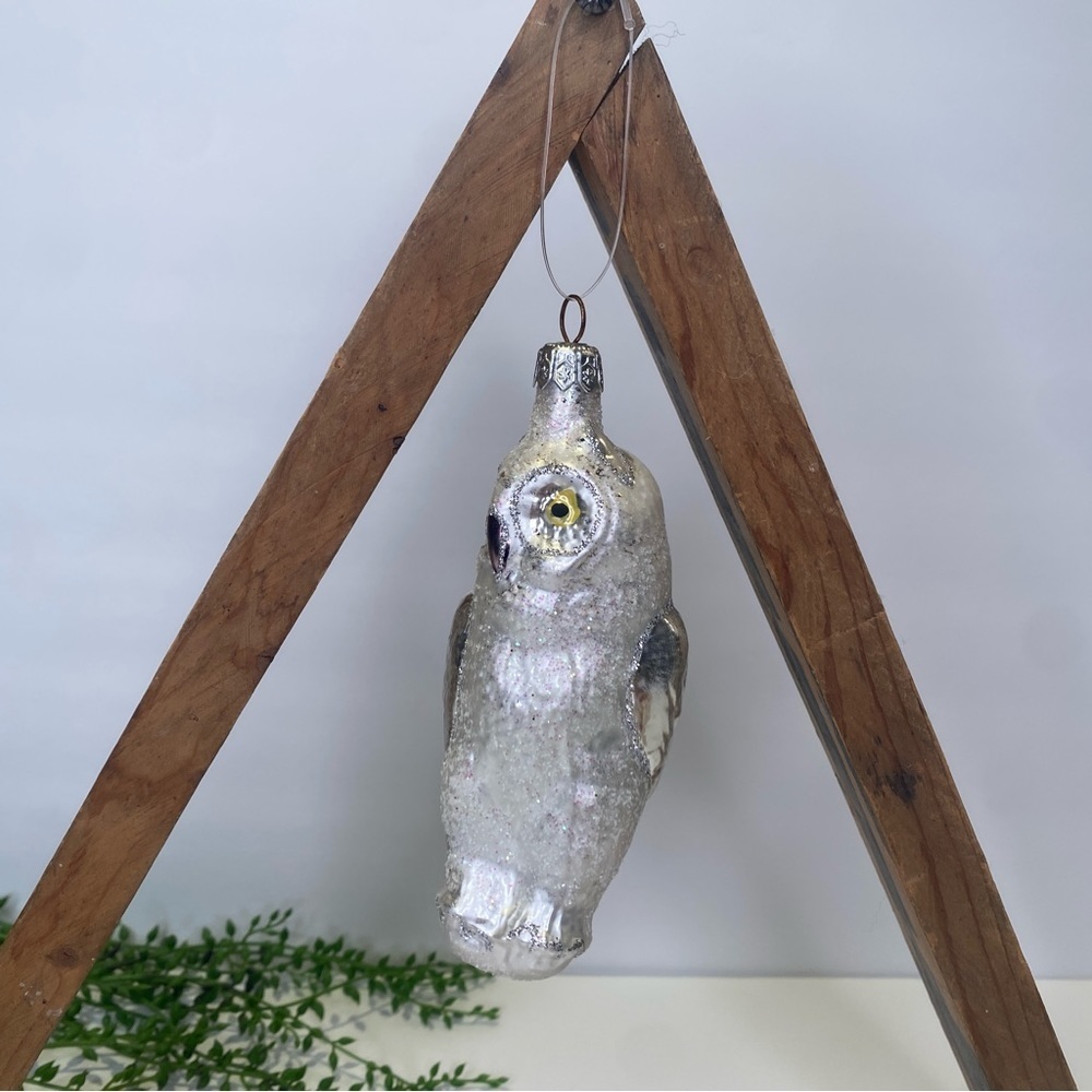 Hand Blown Glass Frosted White & Silver Owl Christmas Ornament